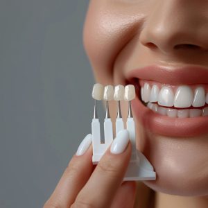 Close up of a smiling mouth with teeth whitening shade examples next to it.