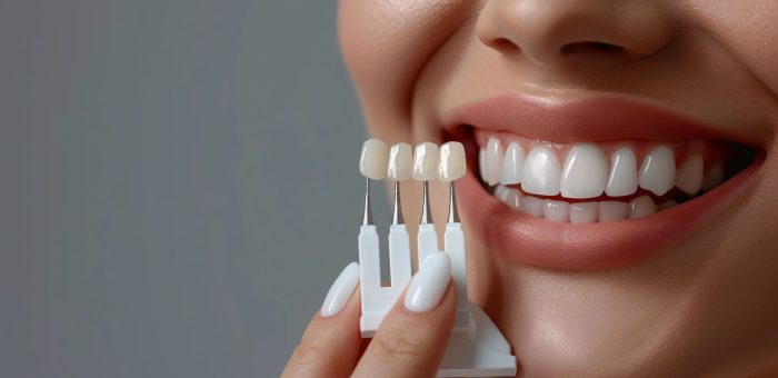 Close up of a smiling mouth with teeth whitening shade examples next to it.