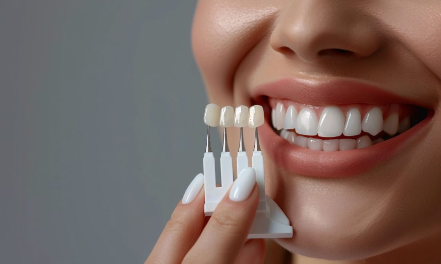 Close up of a smiling mouth with teeth whitening shade examples next to it.